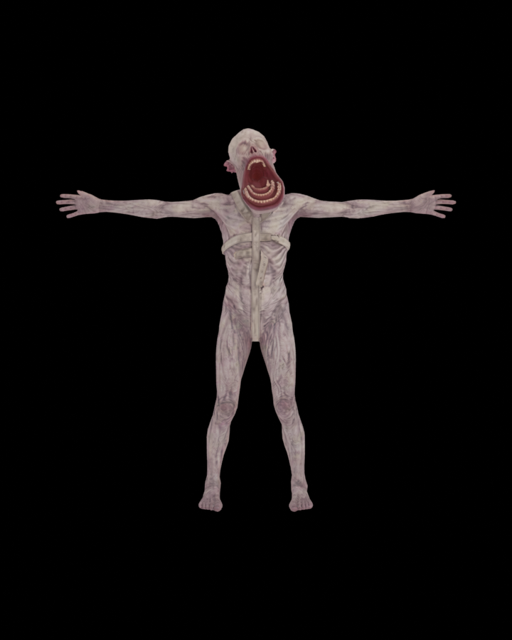 A thin zombie with a split mouth