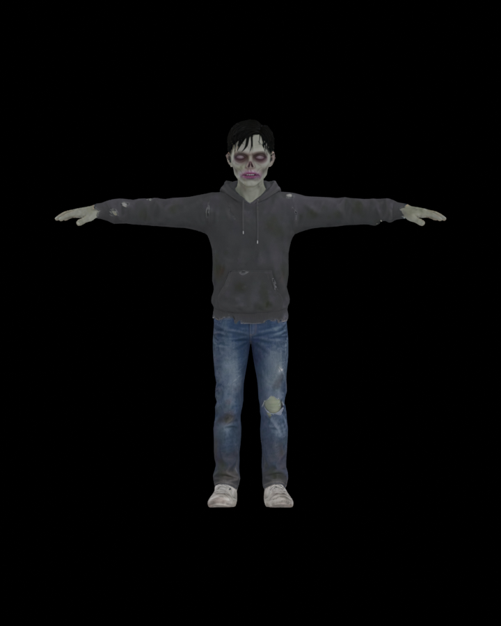 A zombie in a black hoodie and cap