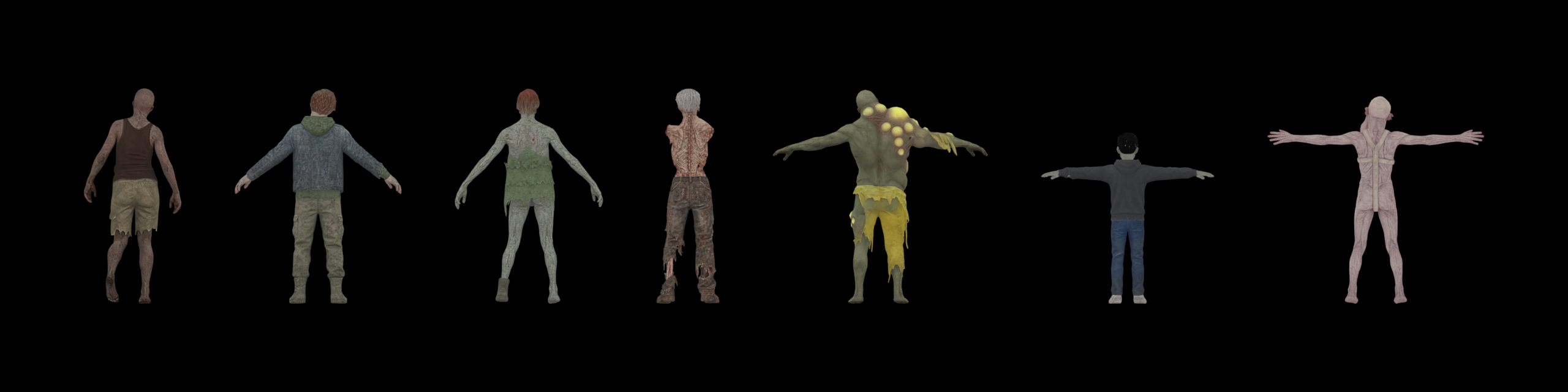 Back view of seven creatures