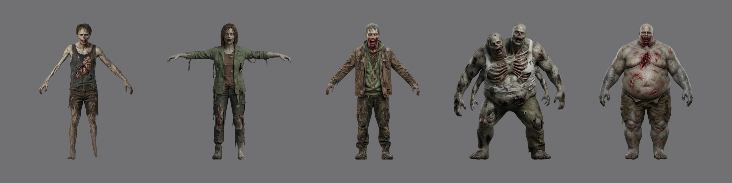 Front view of five zombies